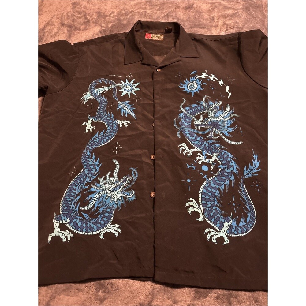 #81 Mens PINEAPPLE CONNECTION XL Extra Large Black & Blue Polyester Dragon Shirt